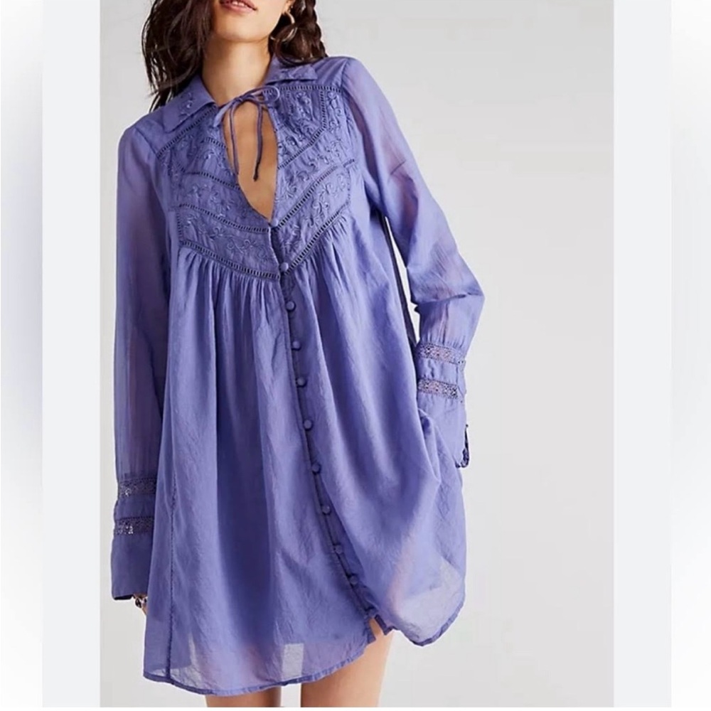 Free People Haddie Boho Tunic Dress Purple Embroidered Button Front Flowy S/M